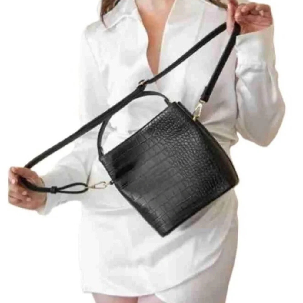 AOTA Elena Vegan Croc-Embossed Leather Crossbody Strap Bucket Bag Black NWT